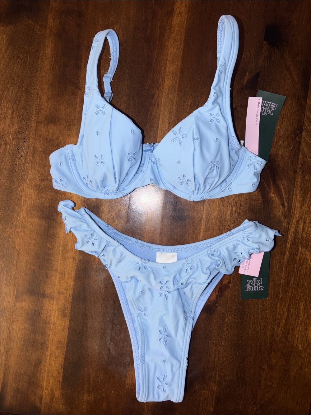 wild fable Baby Blue Floral Cut Out Ruffle Bikini Extra Cheeky NWT XS/XXS